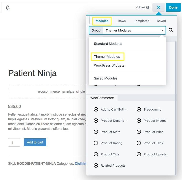 The Beaver Builder menu with highlighting around the Modules tab and the Themer Modules menu option.