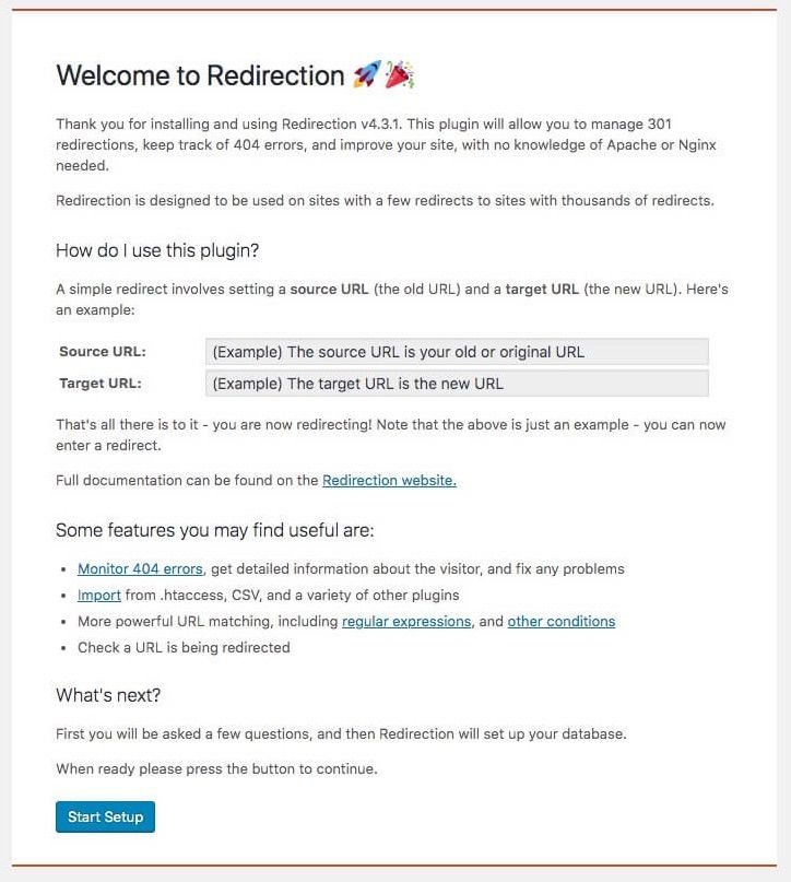 Screenshot of the Redirection plugin settings page.