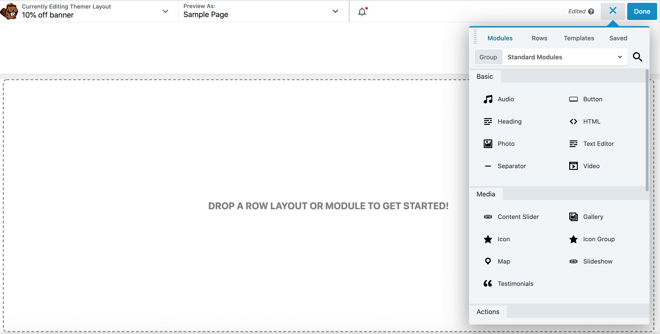 The Builder Beaver editor, with the modules panel open.