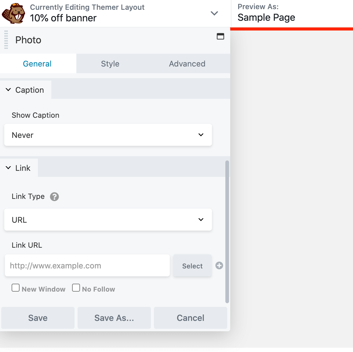 The Beaver Builder editor with an open Photo settings window.