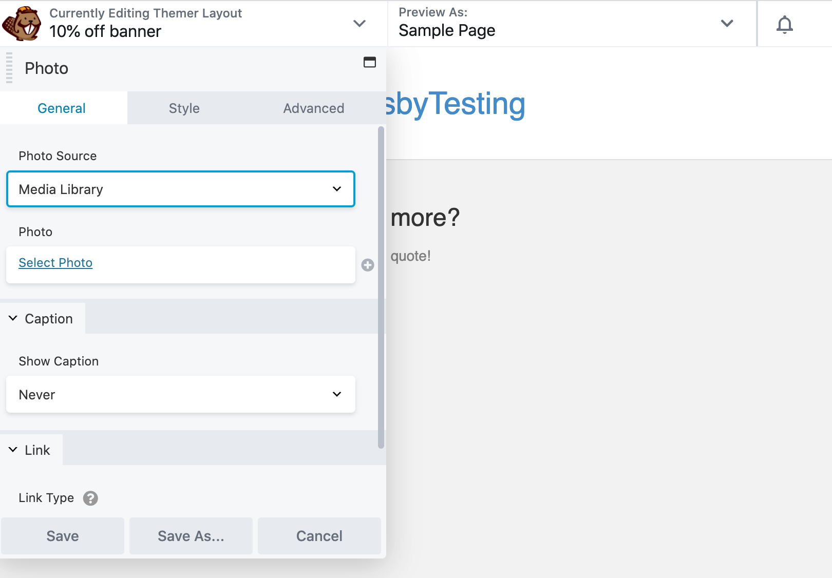 The Photo settings menu displayed in the Beaver Builder editor.
