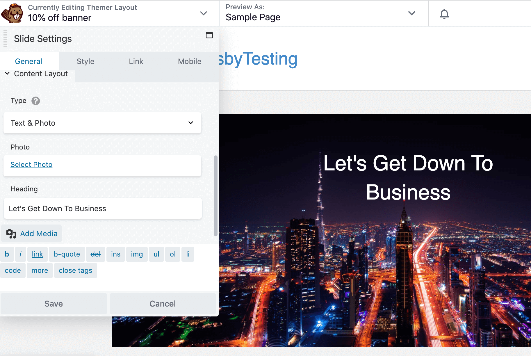 Editing the content slider text in the Beaver Builder editor.