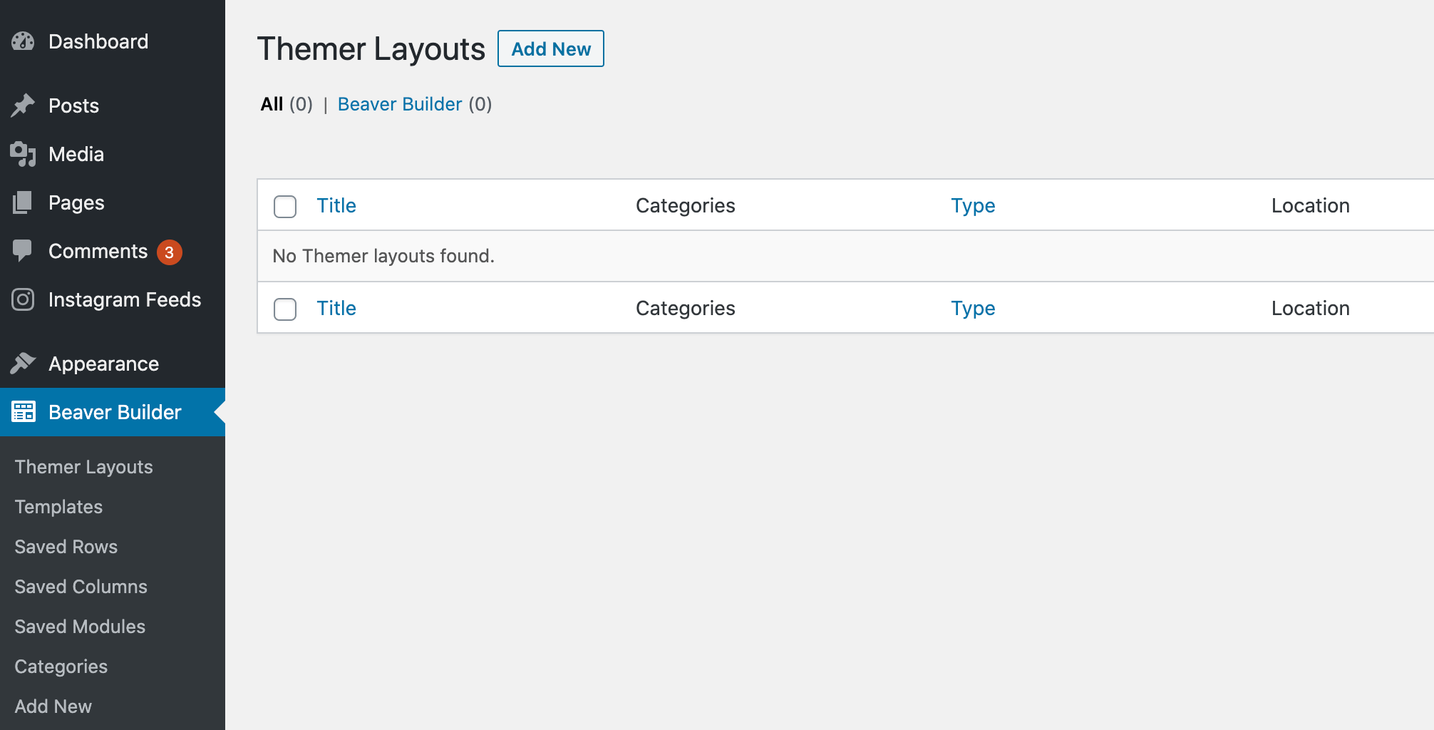 The Themer Layouts screen in the WordPress dashboard. 