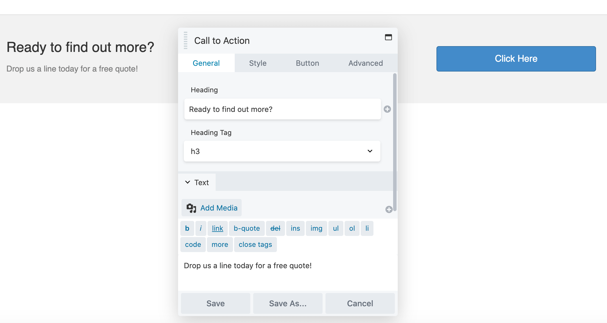 The CTA settings menu as seen in Beaver Builder. 