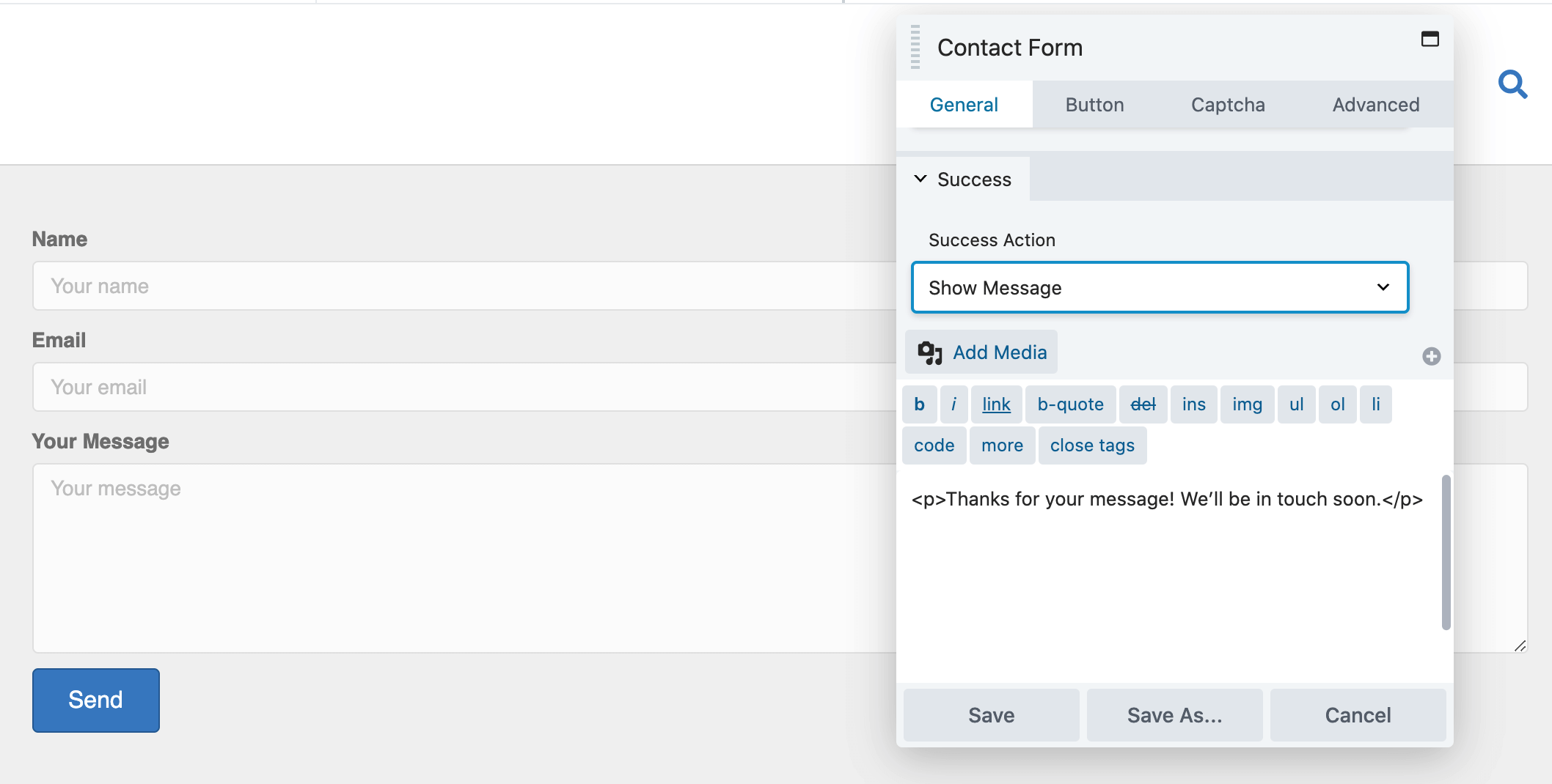 Defining 'success behavior' in Beaver Builder's editor. 