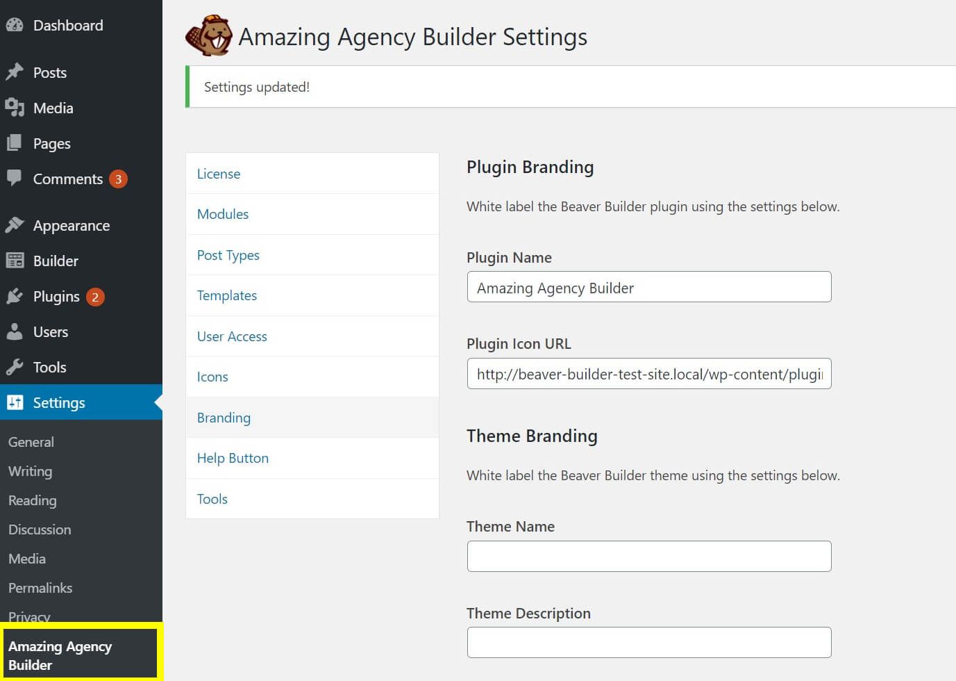 The Beaver Builder plugin after white-labeling.