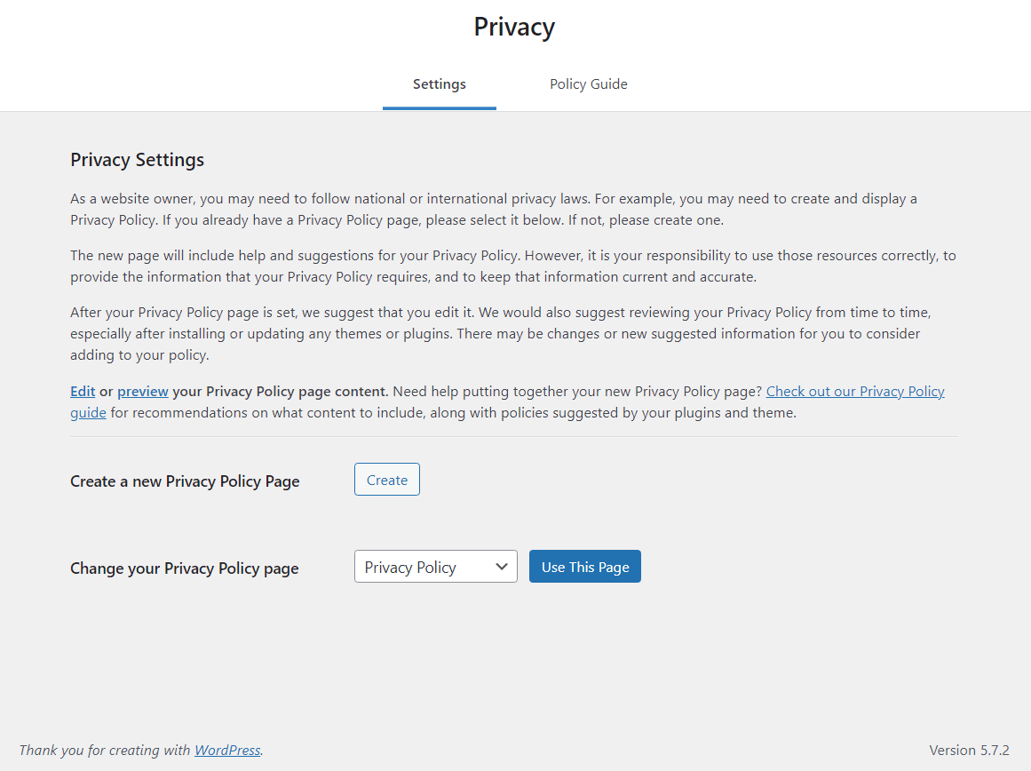 The WordPress privacy policy page, a must-do stop for a website launch checklist.