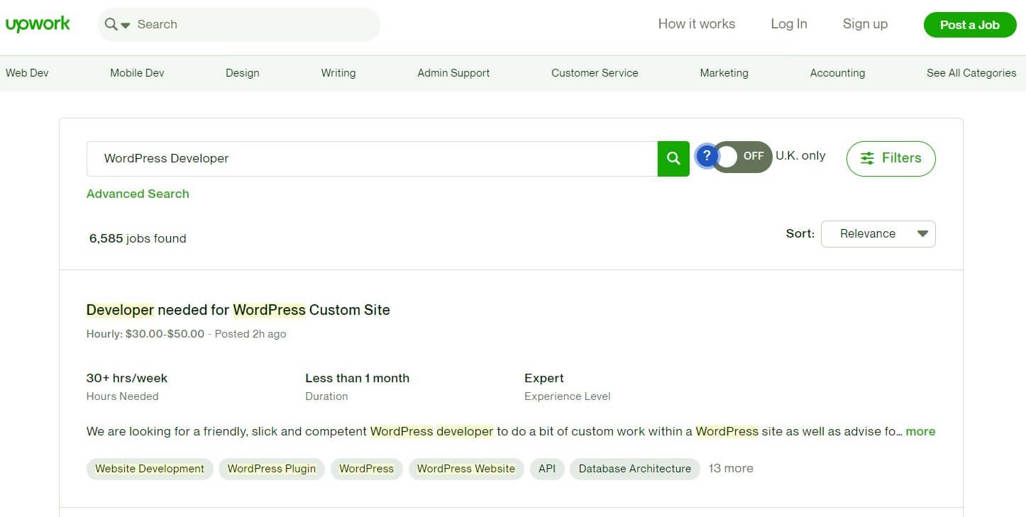 The Upwork job search page