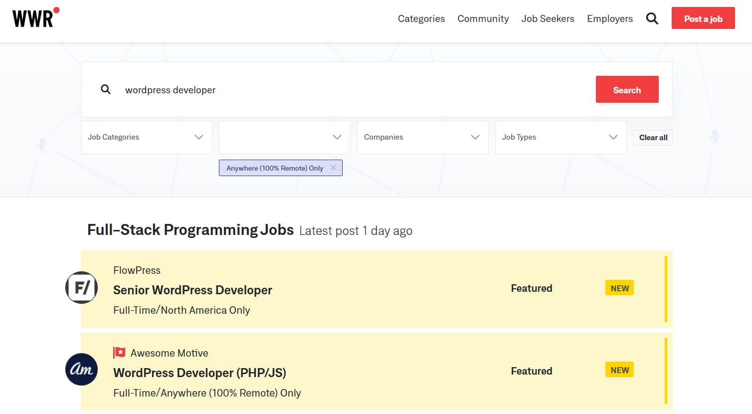 The WeWorkRemotely job search page