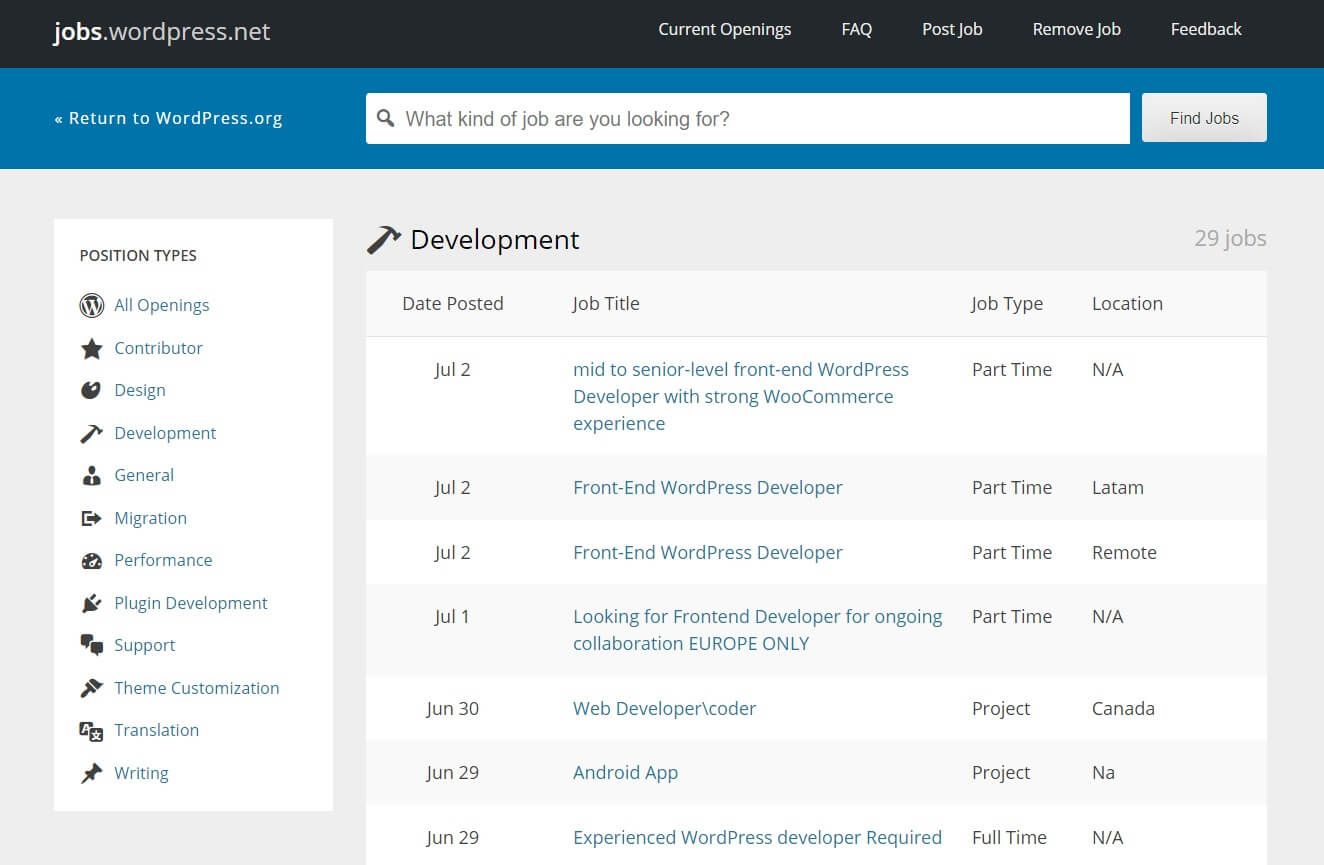 The WordPress Jobs development page