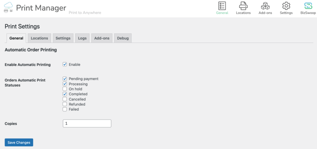 Print Manager print settings.