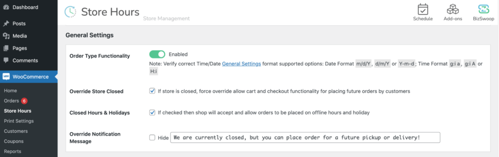 Closed Hours and Holidays checkbox.
