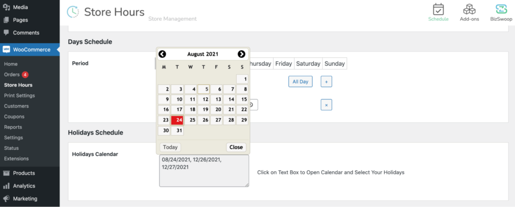 Set up holiday schedule.