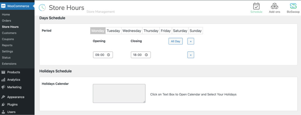 Entering opening and closing hours.