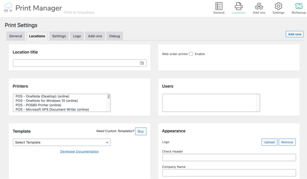 Customizing print setting locations.