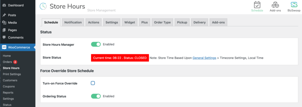 Toggling the ordering status slider.