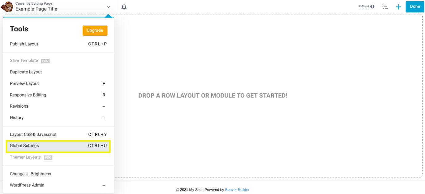 The Global Settings option in Beaver Builder.