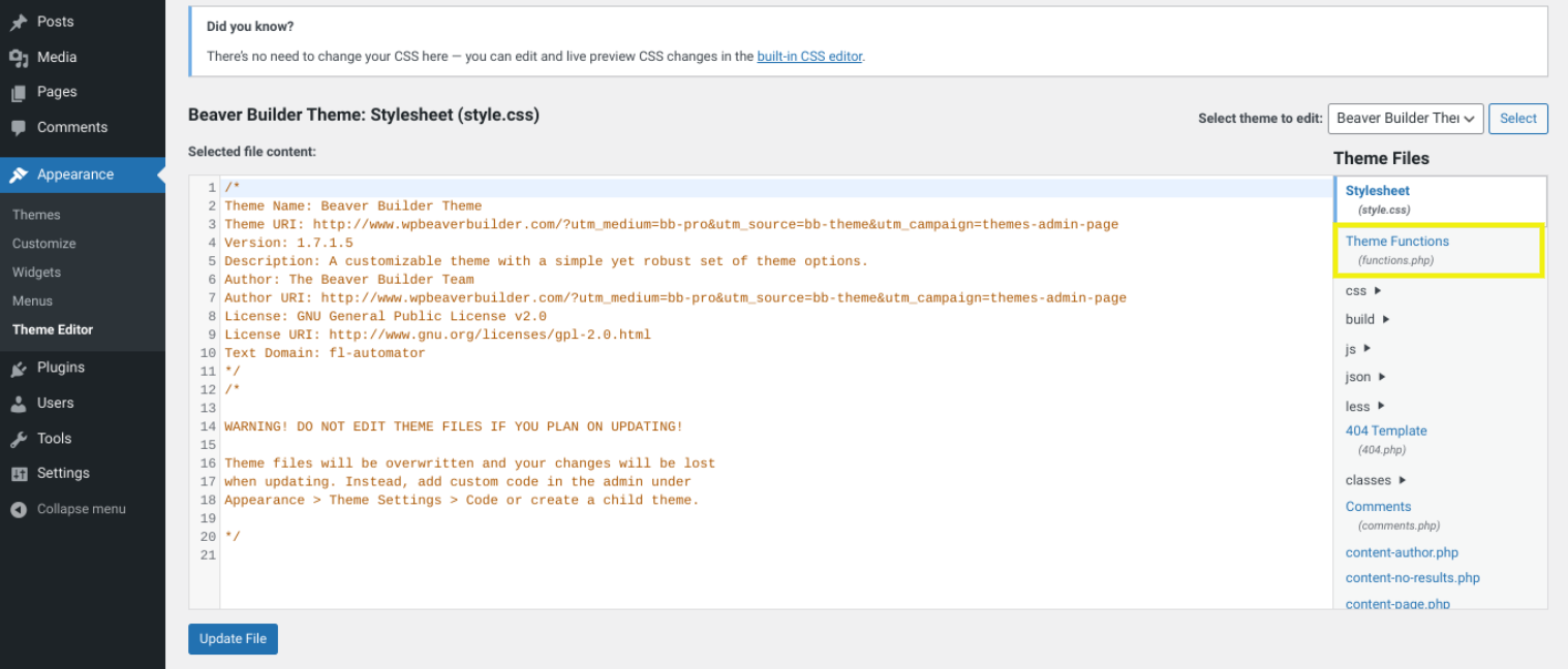 The WordPress Theme Functions file in the Theme Editor.