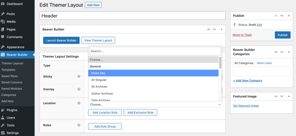 Beaver Themer's Location dropdown. 