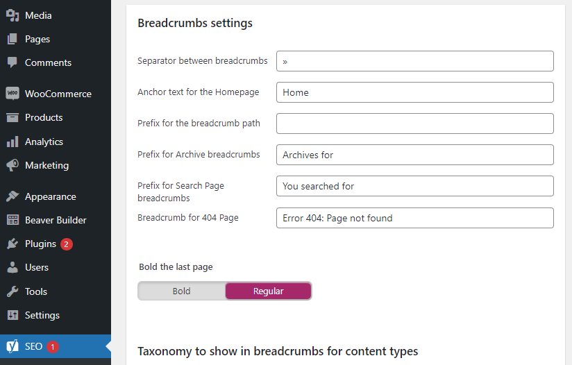 Configuring Yoast breadcrumb settings