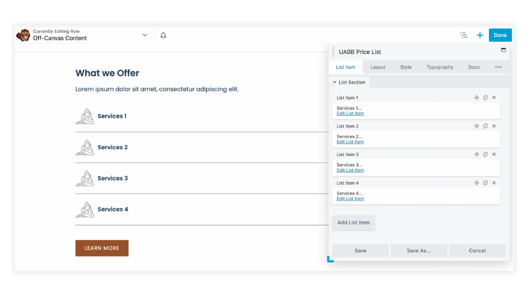 Design your off-canvas panel layout using Beaver Builder modules.
