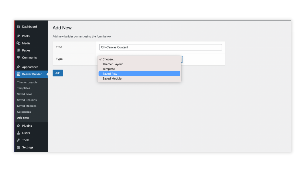 How to add a new Saved Row to Beaver Builder.
