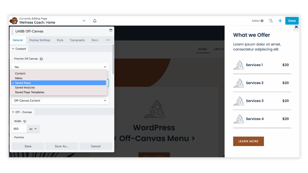 Choose the content type in the UABB Off-Canvas module settings panel.