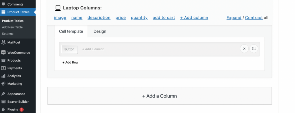 The cell template tab under columns.