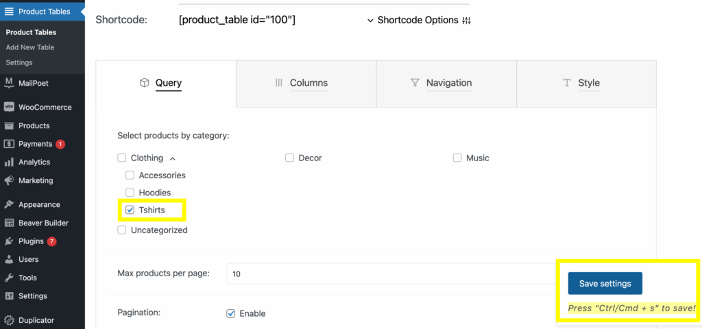 Creating an order form by product category.