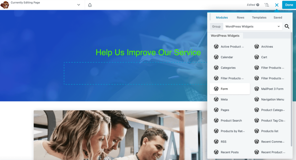 Accessing the Form WordPress widget in Beaver Builder 