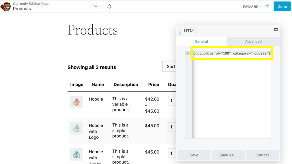 Category shortcode on front end.