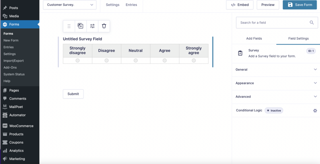 Editing the Survey Field on Gravity Forms 
