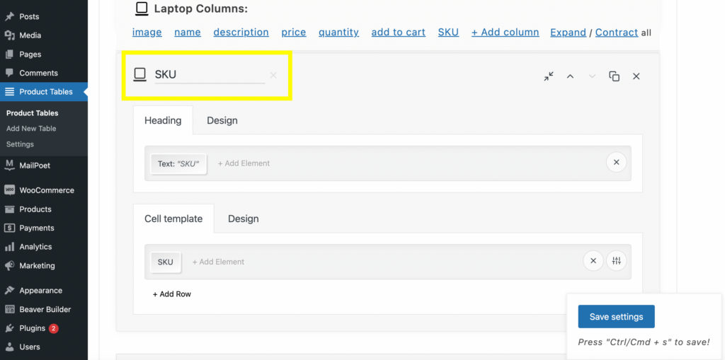 Naming a column "SKU".
