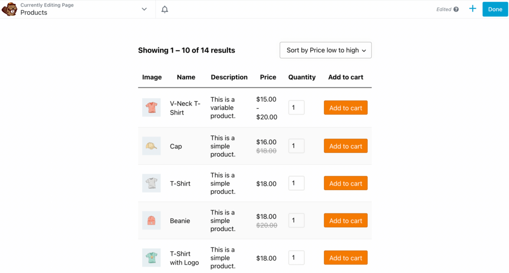 Product table on front end. 