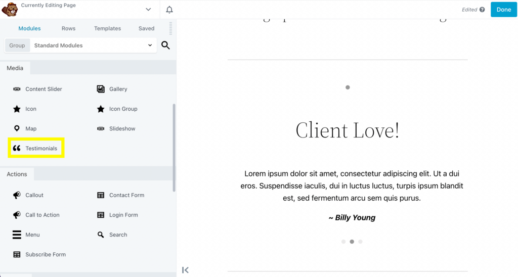 Beaver Builder's Testimonial module. 