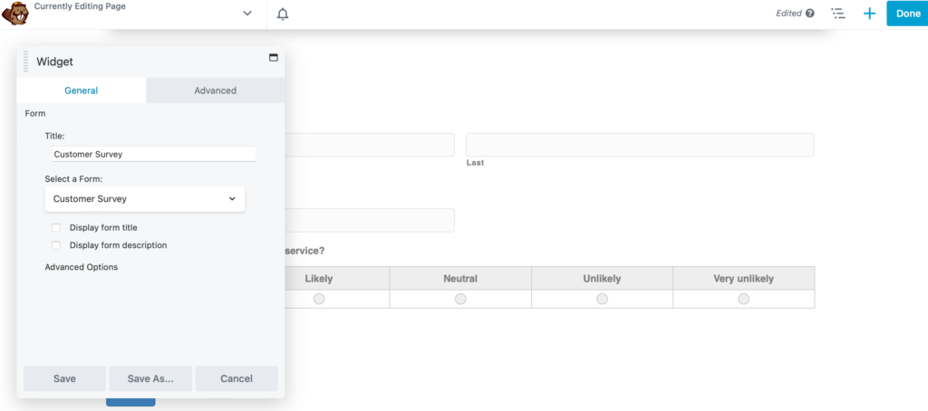 Form widget pop-up box 