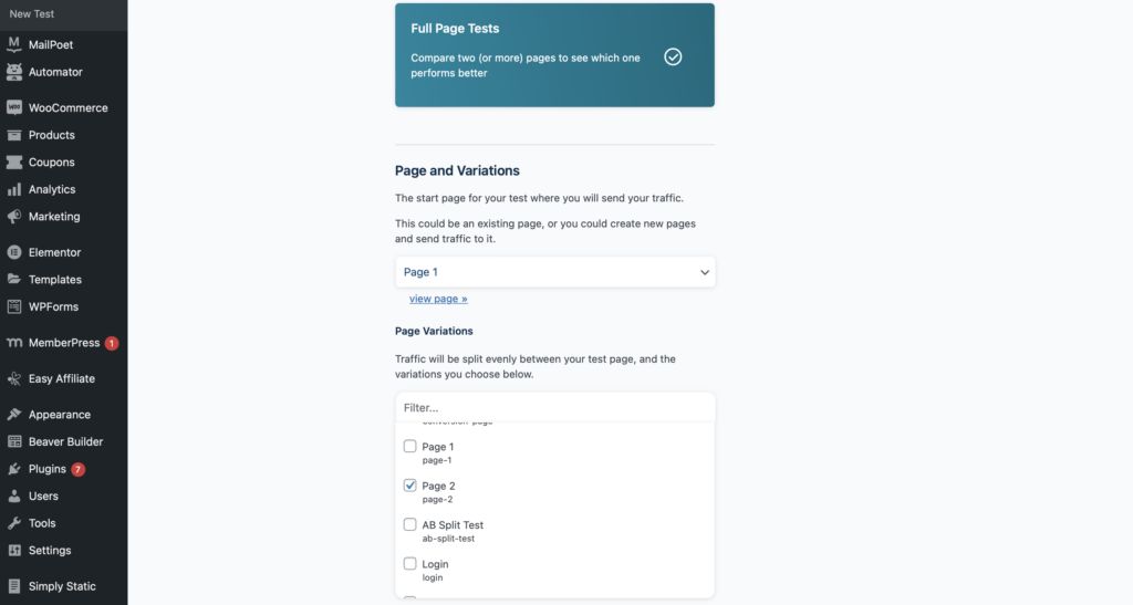 Full page split tests