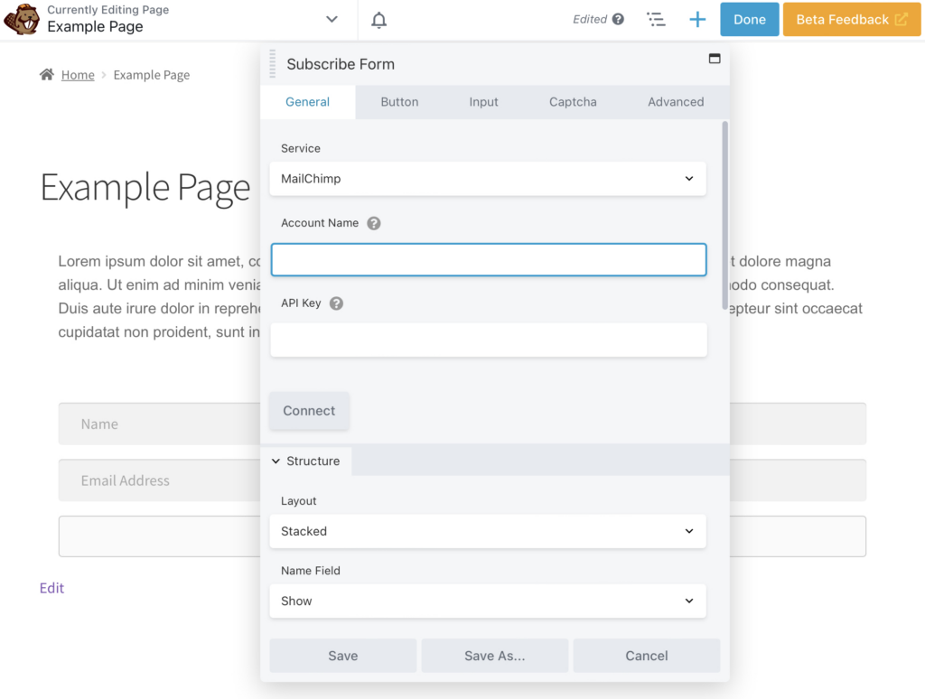 Selecting Mailchimp when creating an email list. 