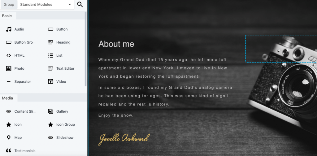 The Janelle Awkward template using Beaver Builder editor.