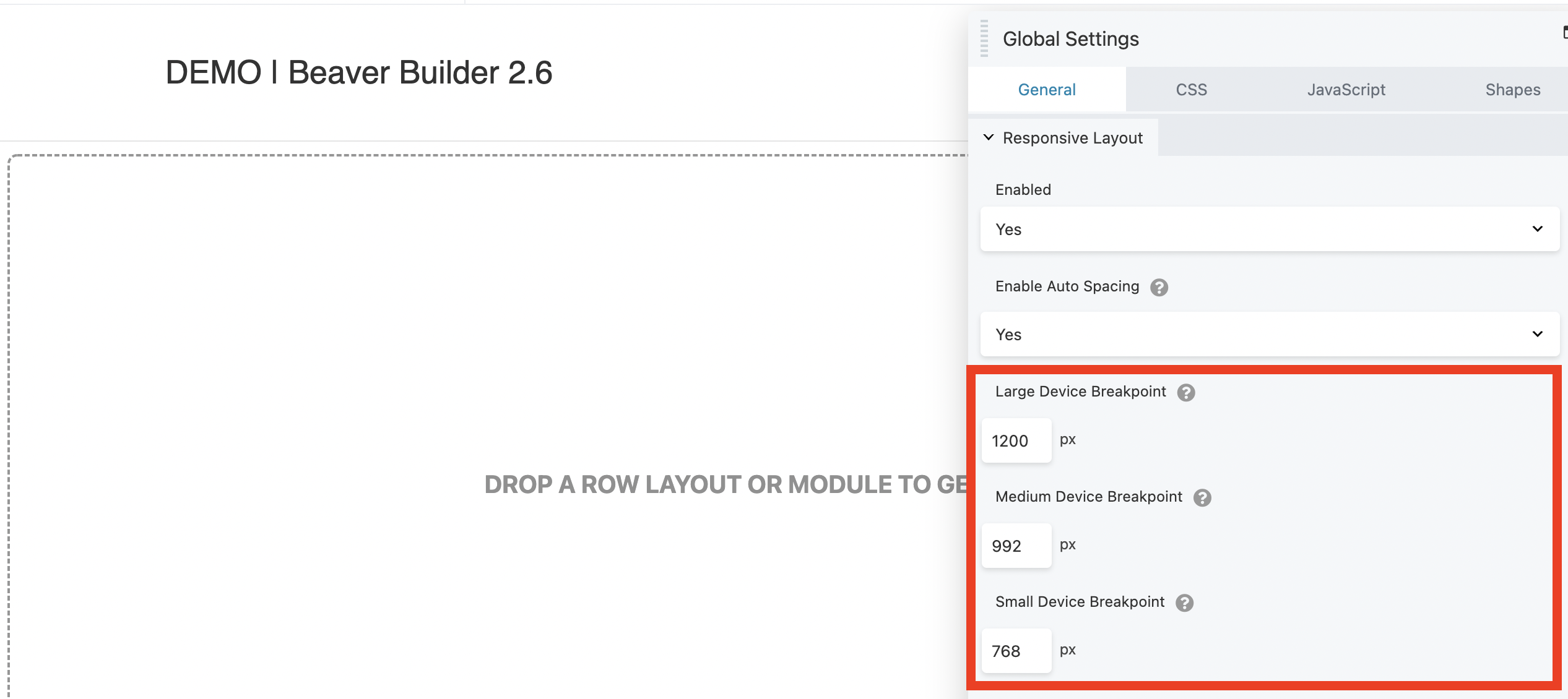 Beaver Builder 2.6 responsive breakpoints in global settings