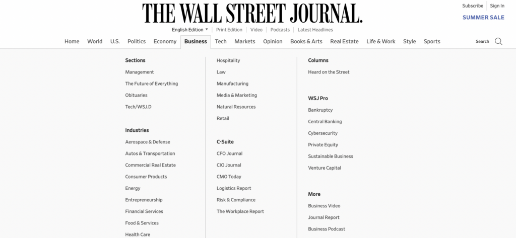 Example of a news website using a mega menu