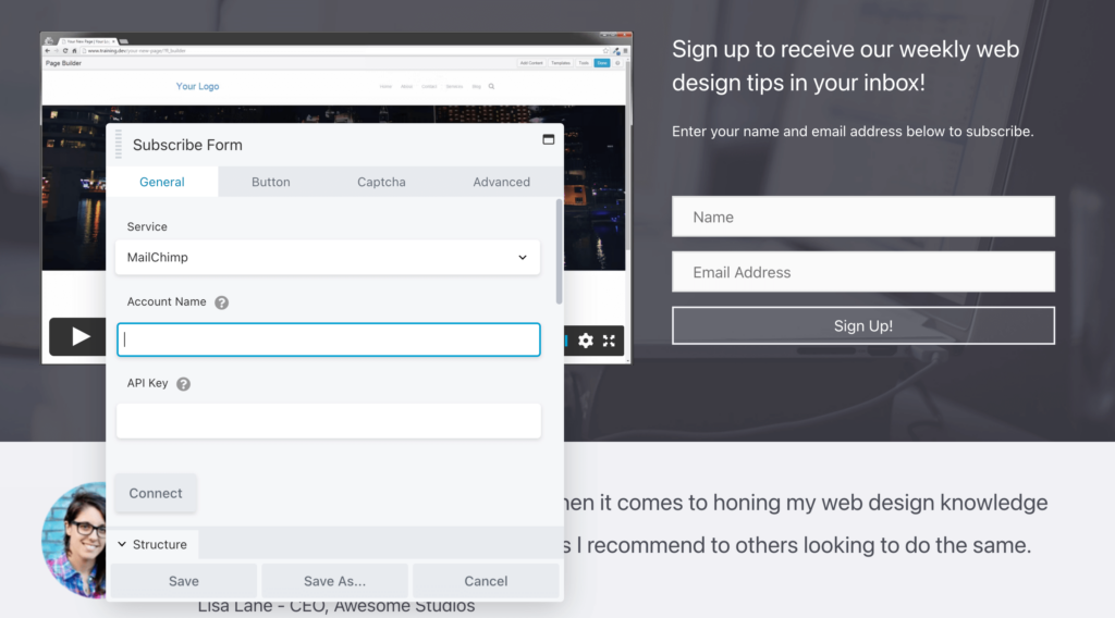 Beaver Builder subscribe form module Mailchimp integration