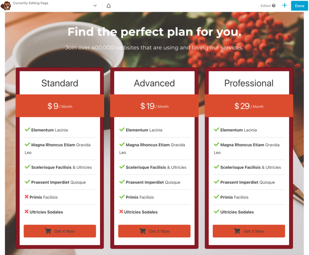 Beaver Builder pricing template