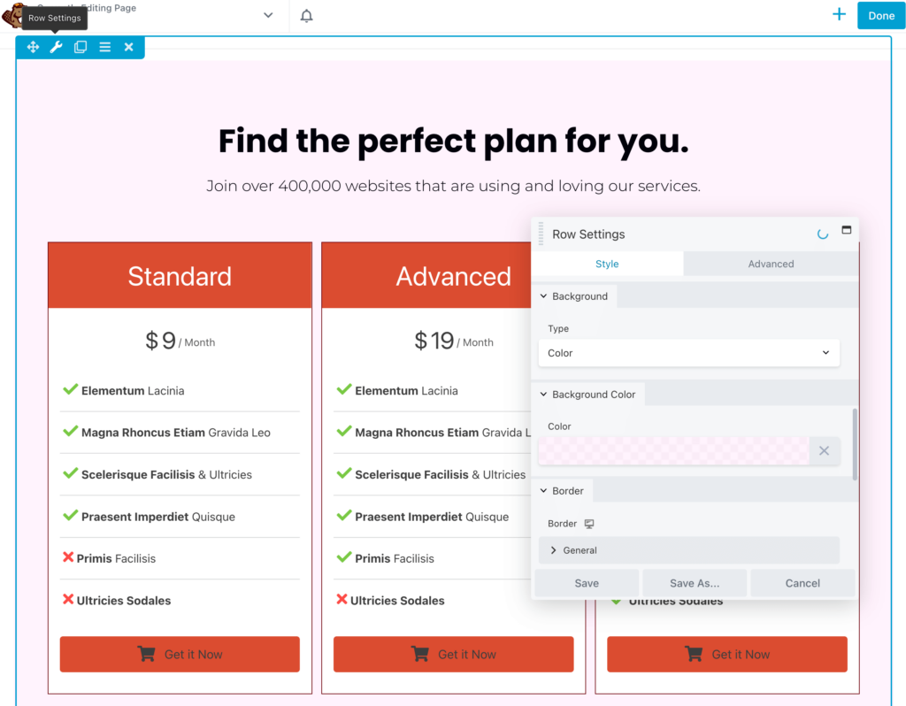 Custom pricing table background