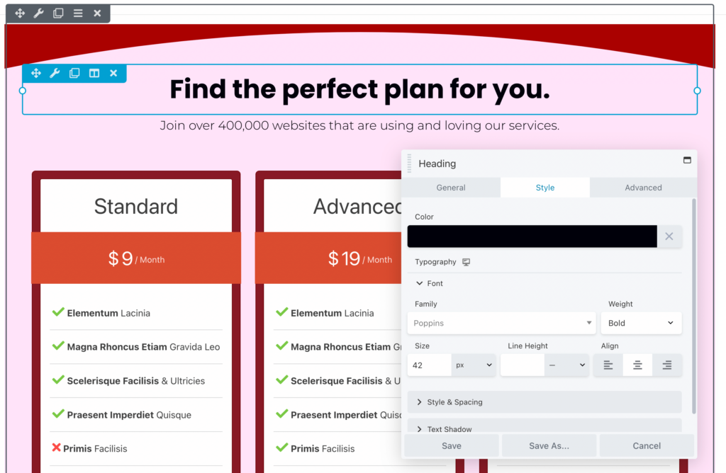 Pricing table heading