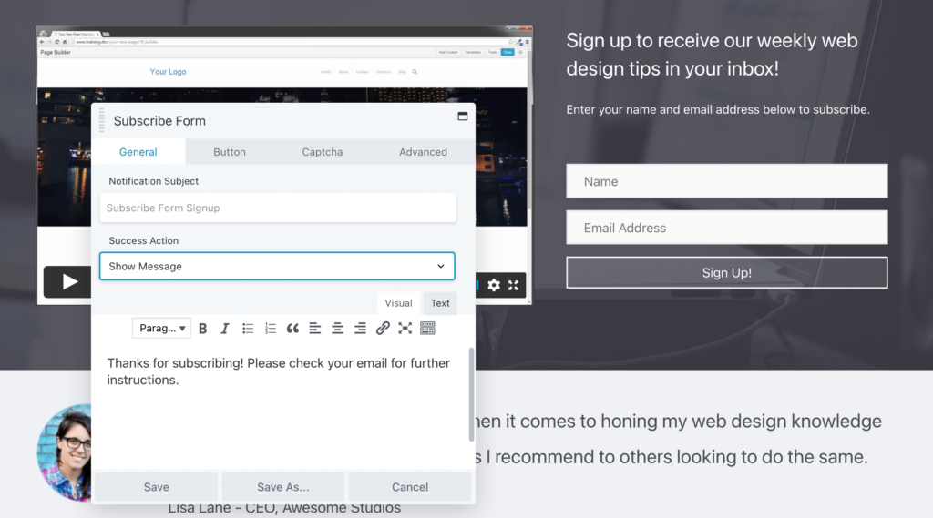 Beaver Builder subscribe form module success message