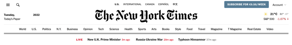 The New York Times menu.