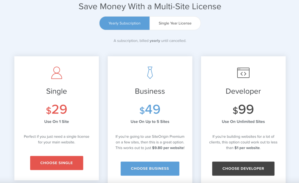 SiteOrigin plans and prices