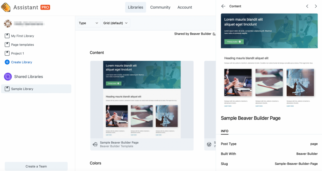 Page builder template in Assistant Pro