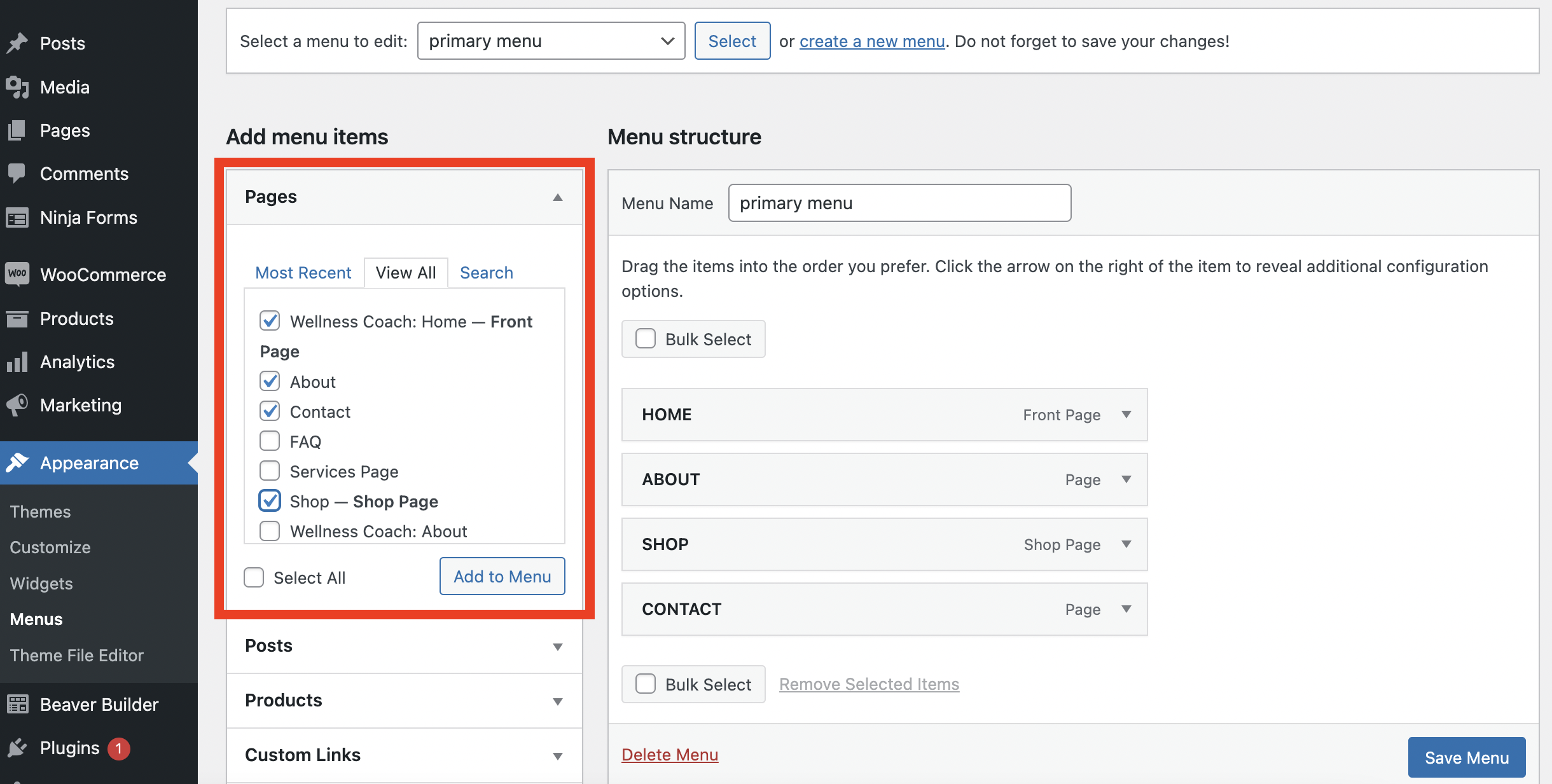 Beaver Builder appearance menu add new menu items